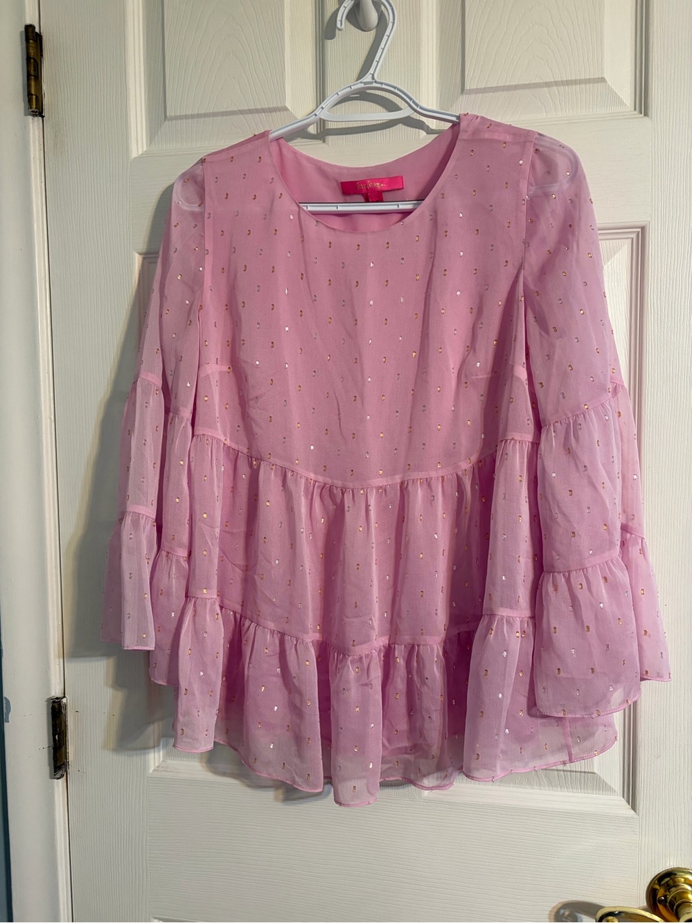 Lilly Pulitzer Rose Pink Tiered Chiffon Blouse with Gold Dots Size Small